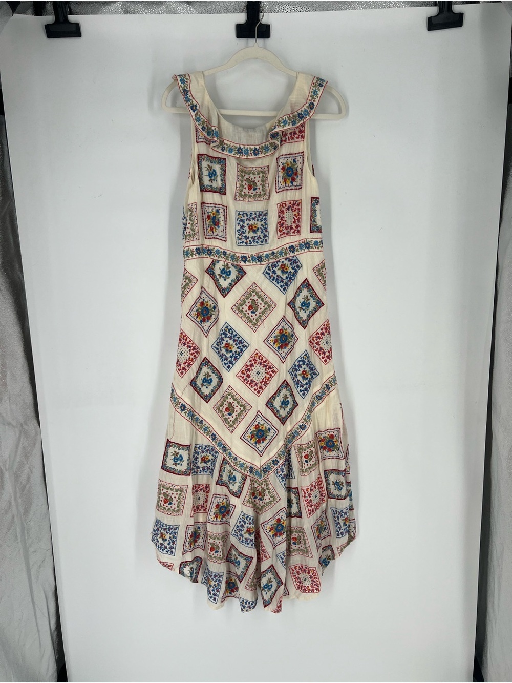 Anthropologie Cream Embroidered Floral Berry Tile-Print Hi-Low V Neck Midi Dress - Picture 5 of 9